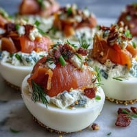 Smoked Salmon Deviled Eggs with Everything Seasoning: Creamy egg halves topped with smoked salmon and savory everything bagel spice blend.