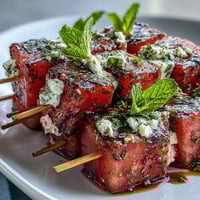 Juicy watermelon cubes paired with creamy feta and fresh mint on skewers, drizzled with olive oil for a refreshing appetizer.