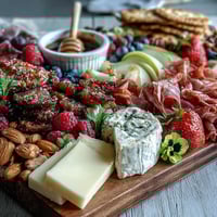 Spring charcuterie board with edible flowers and fruits, arranged with cured meats, cheeses, and vibrant berries for a seasonal appetizer.