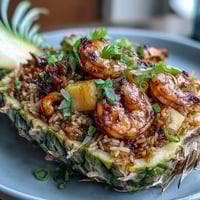 Vibrant Thai pineapple fried rice with juicy pineapple chunks, shrimp, and colorful vegetables served in a hollowed pineapple shell. Aromatic jasmine rice stir-fried with curry powder, cashews, and fresh cilantro for a tropical main dish.