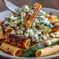 Vibrant pasta salad with grilled zucchini, corn, and crumbled Cotija cheese.