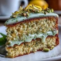 Vibrant spring birthday lemon pistachio cake with fluffy frosting and crunchy chopped pistachios.