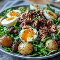Vibrant Spring Niçoise Salad with tuna, green beans, potatoes, and soft-boiled eggs on mixed greens.  