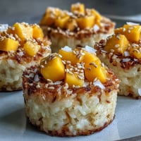 Close-up of Coconut Mango Sticky Rice Cups with vibrant mango topping.