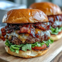 Juicy grilled bacon burger sliders with melted cheese, perfect for a Father's Day feast.