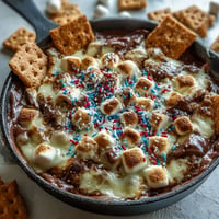 4th of July S'mores Dip: Gooey melted chocolate topped with toasted marshmallows in cast iron.
